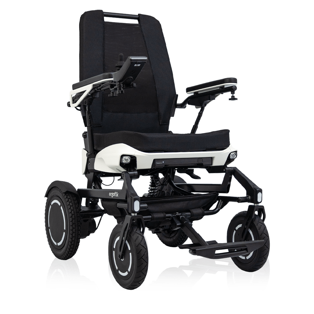 Silla de ruedas eléctrica ergoflix® vario en blanco y negro.
